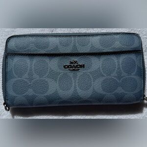 Coach Blue Zip-Around Leather Wallet with Silver Hardware